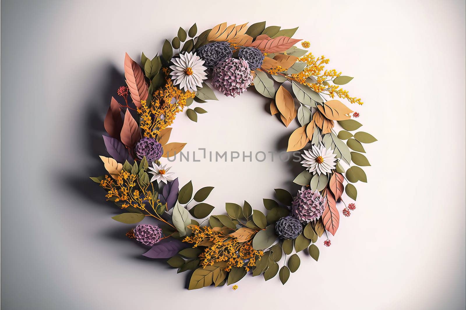 A cute autumn wreath of different flowers and yellow leaves lies on a white background. Close up. Copy space. Ai generative.