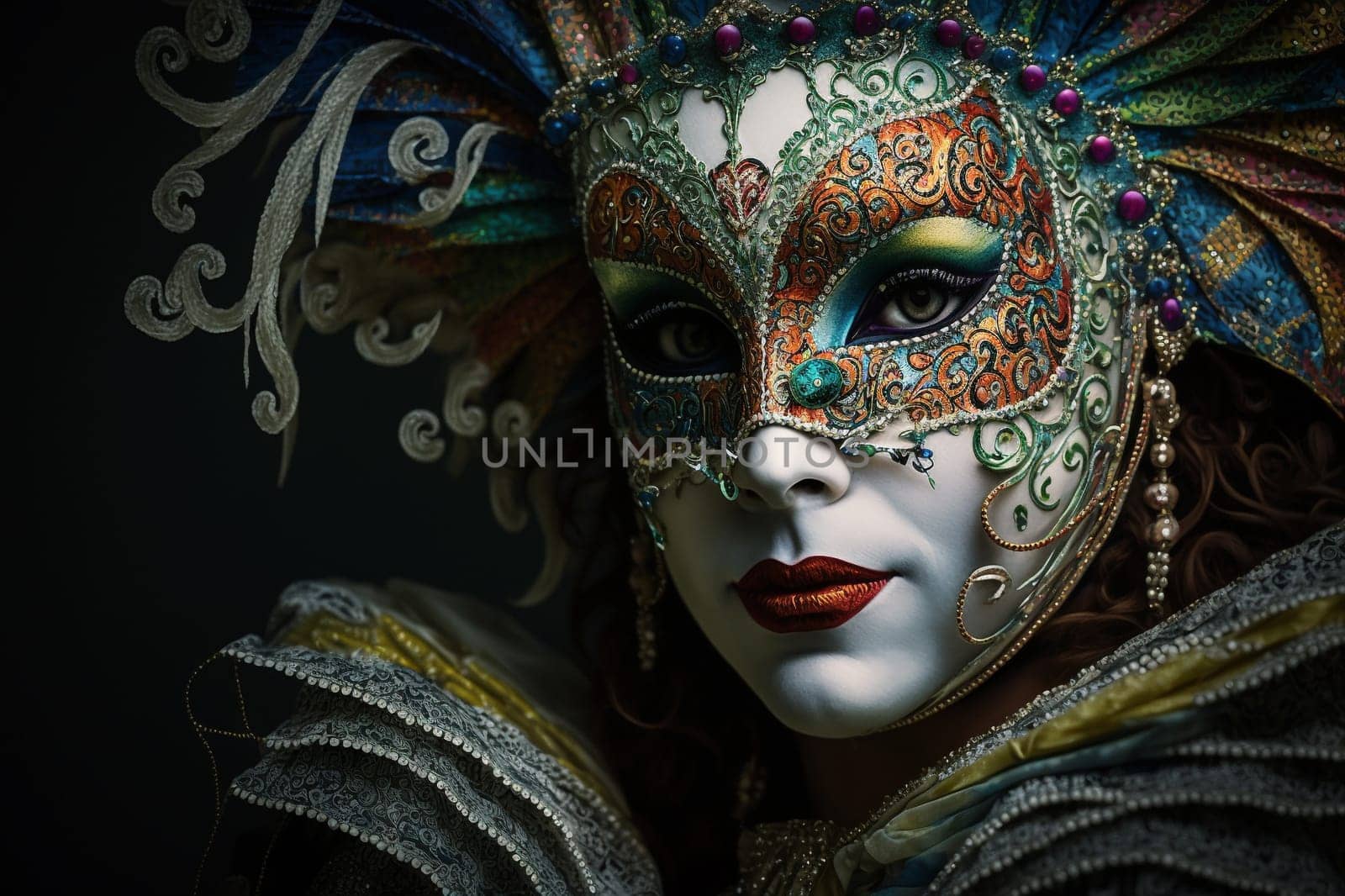 Carnival party festival mask. Colourful mardi gras beads, confetti, feathers. Popular Event in Brazil. Festive Mood.entertainment luxury . Generative AI