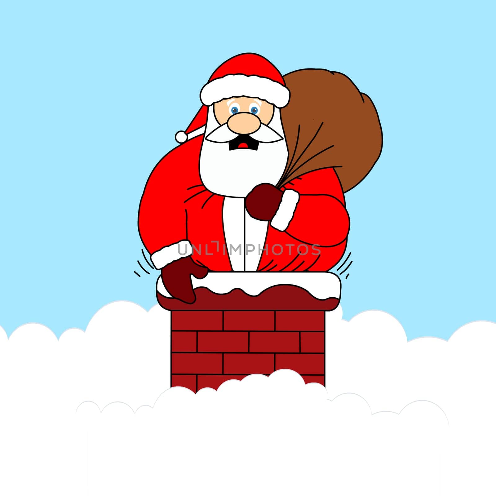 A fat santa stuck in a chimney holding his bag of presents.