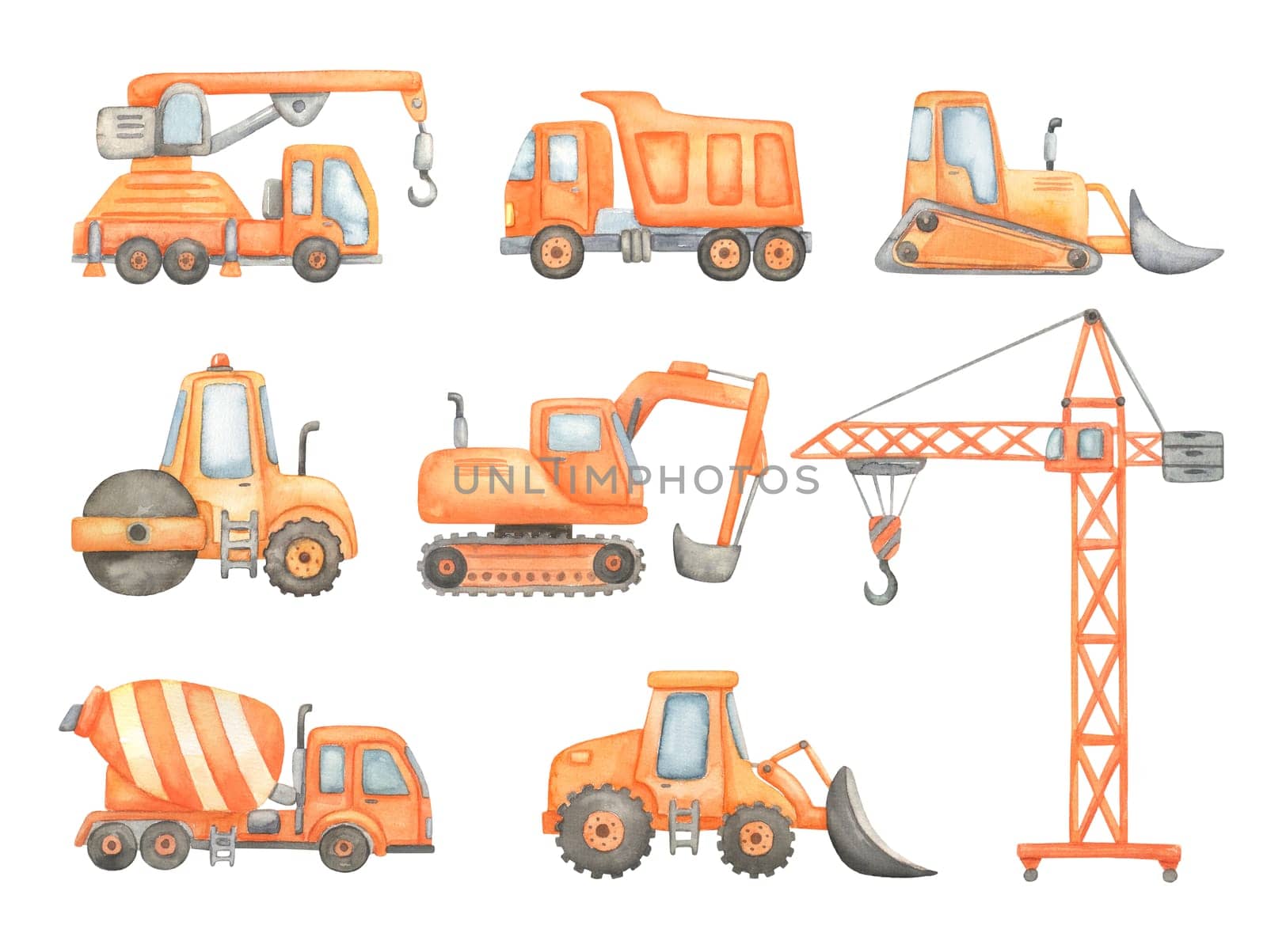 Construction excavation, road roller, crane and truck. Watercolor illustrations set isolated on white. Childish cute construction vehicle for boy nursery or baby shower