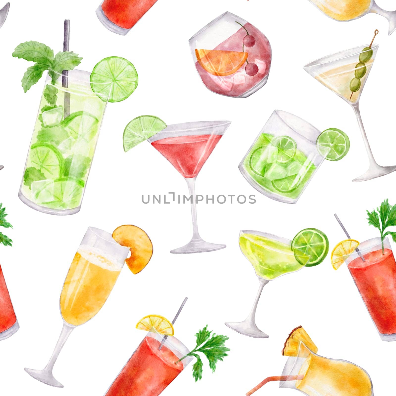 Seamless pattern with cocktails. Watercolor endless background with drink in glass isolated on white by ElenaPlatova