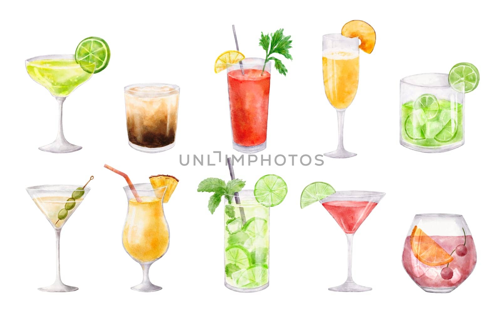 Bloody mary, matrini and cosmopolitan cocktails. Watercolor illustration of drink in glass isolated on white background