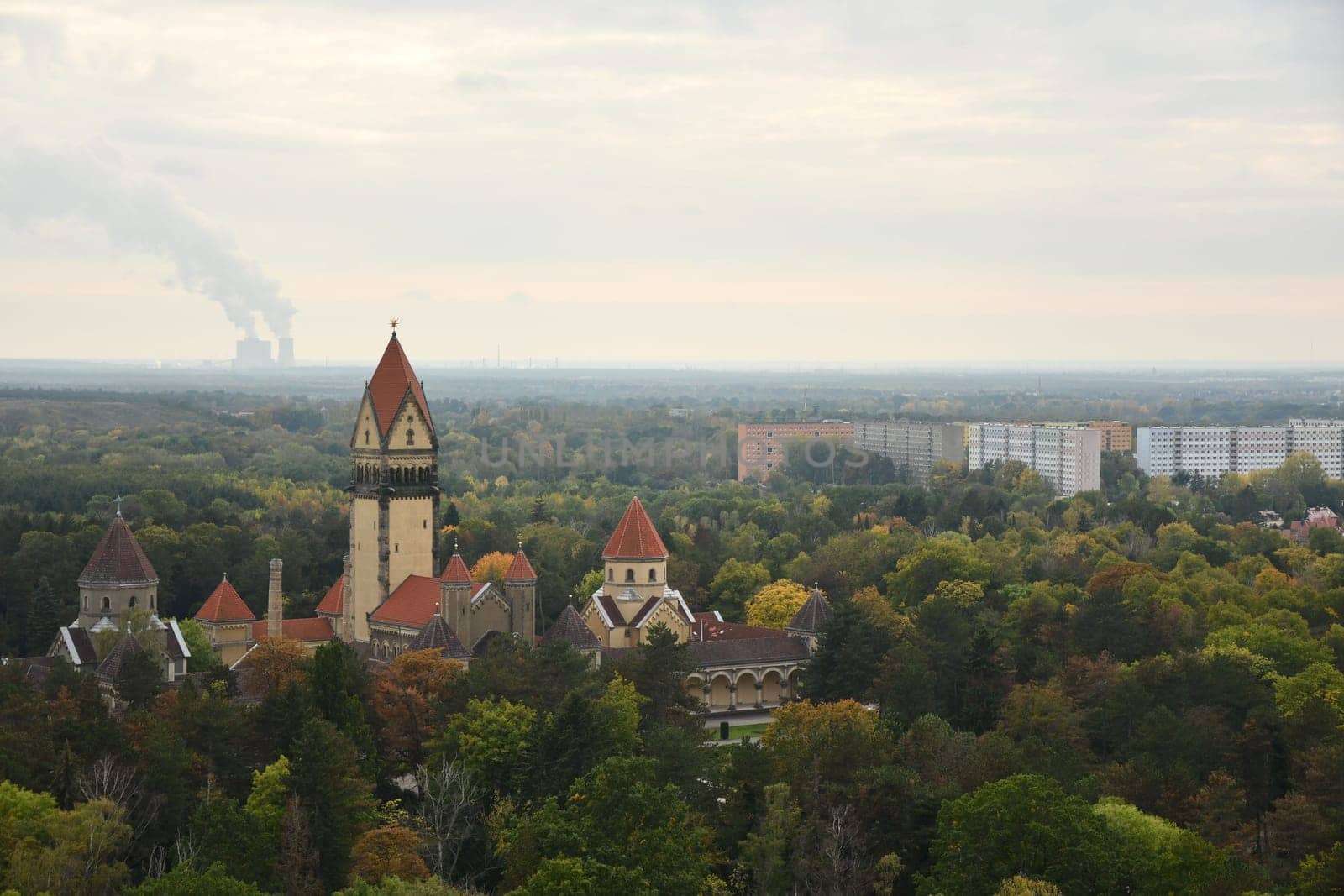Aerial shot of a Castle-like crematorium in the South Cemetery in Leipzig, Saxony, Germany