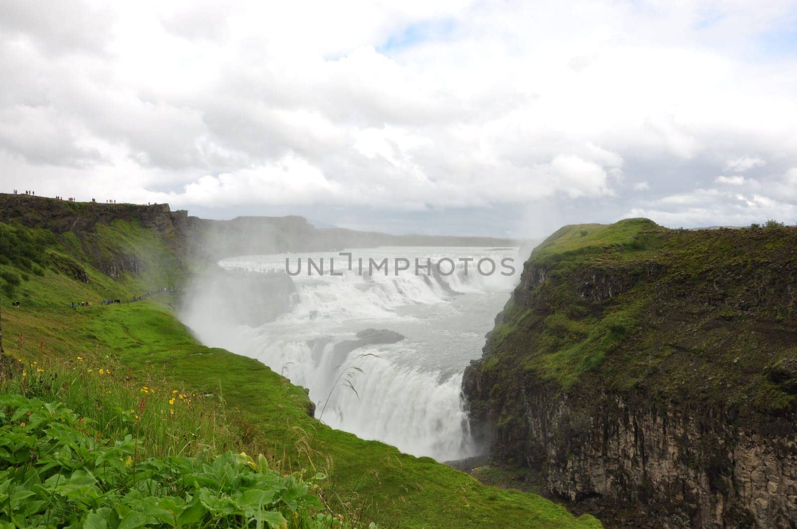 Aerial view of foamy Gullfoss waterfall in the Hvita river in Iceland