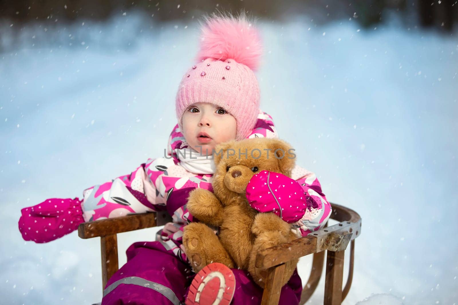 A little girl sits in a wooden sled with a teddy bear in winter. Child on a winter walk. by Sviatlana