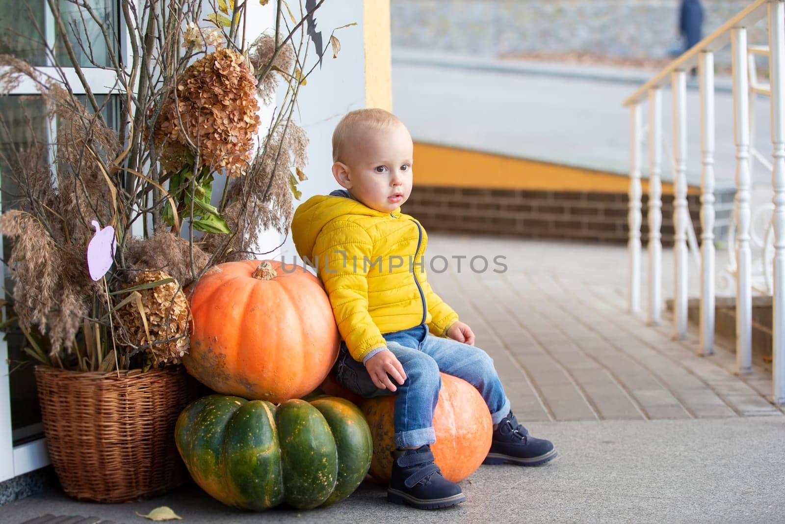 A little boy sits on large pumpkins that lie at the doors of the cafe.