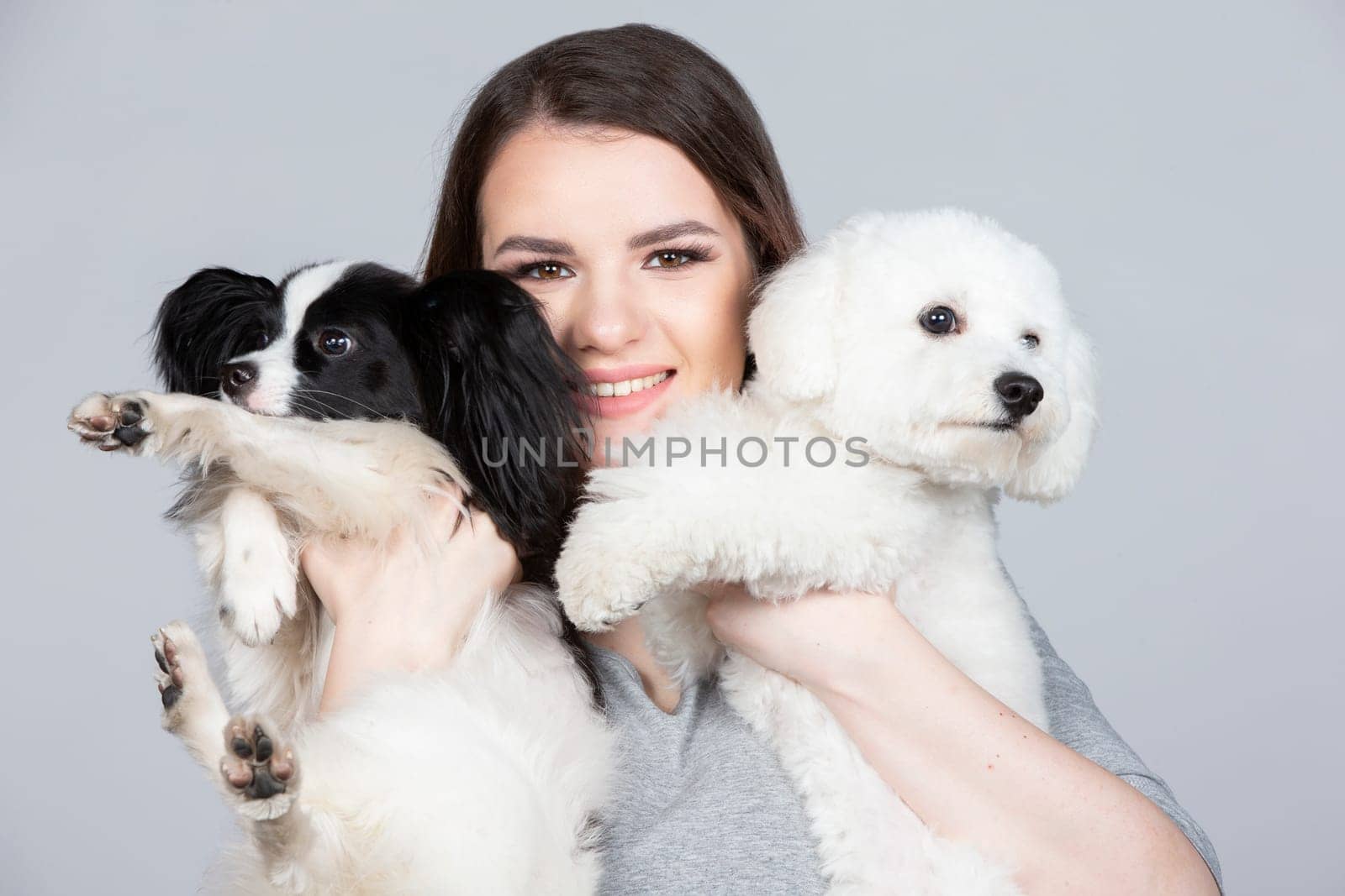 A cute young woman is holding her papillon and bichon puppy. Love between owner and dog. The girl plays with the dogs. Pets. by Sviatlana