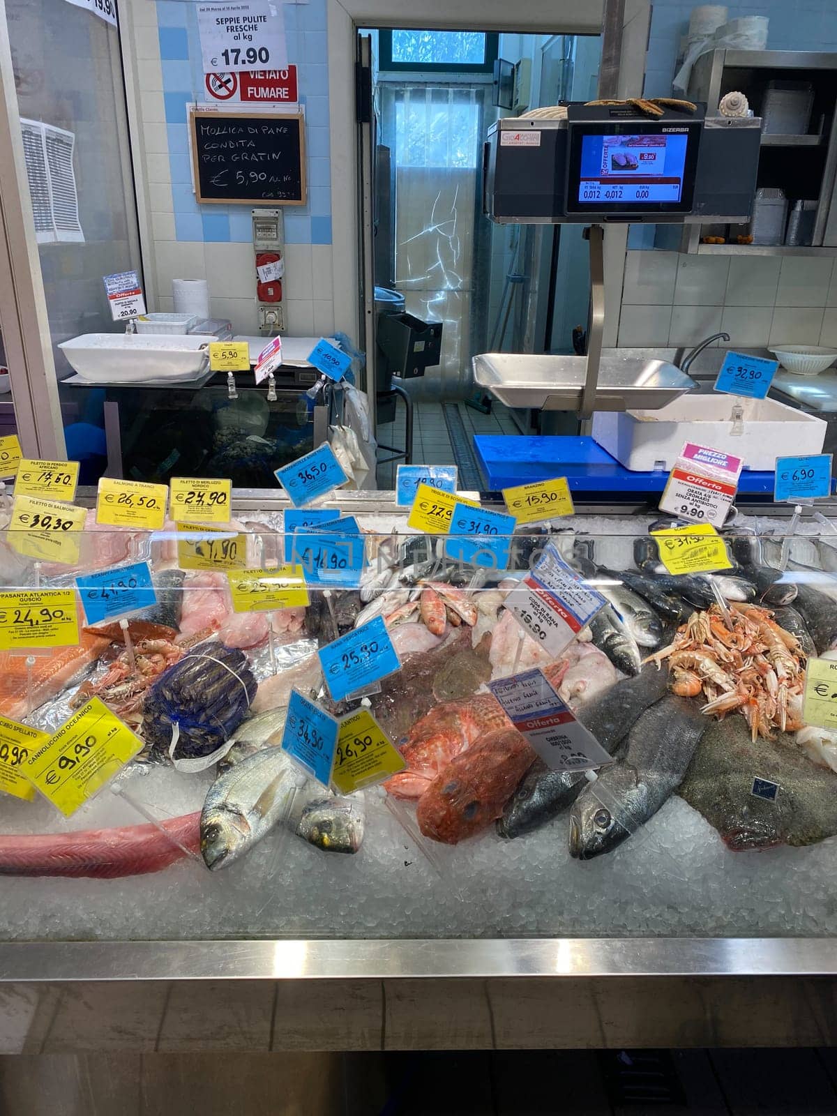 Numana, Italy - April 7 2023 fishermen selling fresh fish from adriatic sea ad seafood in the market early in the morning at the harbor dock