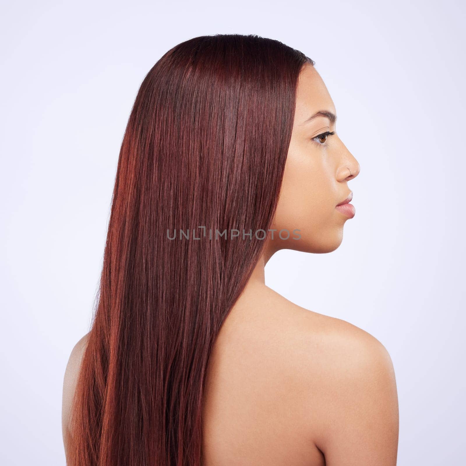 Hair care, beauty and profile of girl with healthy hairstyle, luxury salon treatment and color isolated on white background. Haircare, haircut and mockup, Brazilian model with face in studio backdrop by YuriArcurs