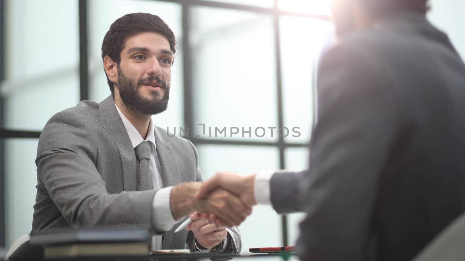 sitting at table wile advisor and investor shaking hands over table in office