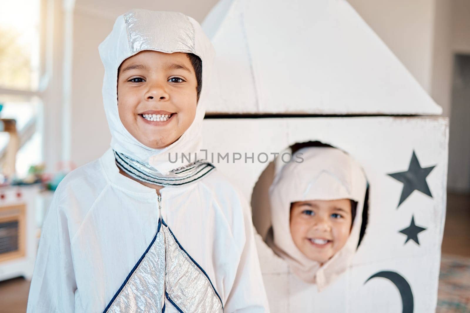 Astronaut portrait, spaceship and kids happy, creative and playing space travel, home fantasy games or pretend rocket. Explore flight, fun Halloween costume or young children imagine galaxy adventure.