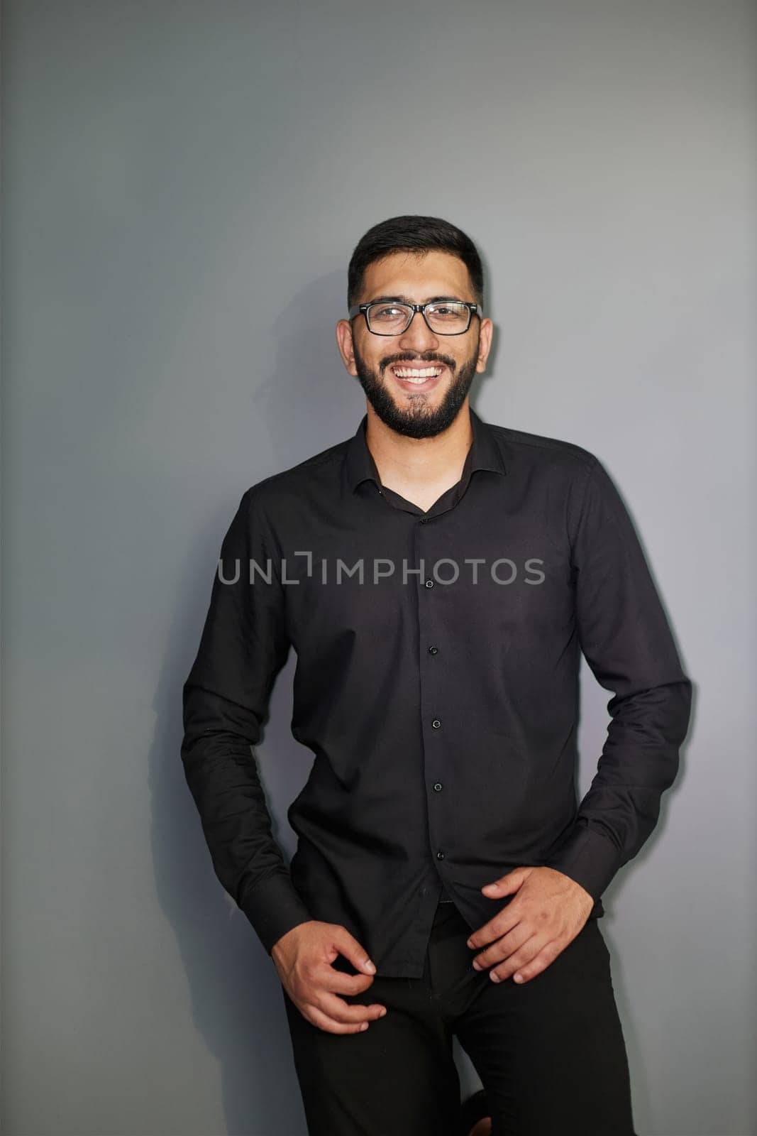 Business Concept - Portrait Handsome Business man holding hands with confident face. White Background