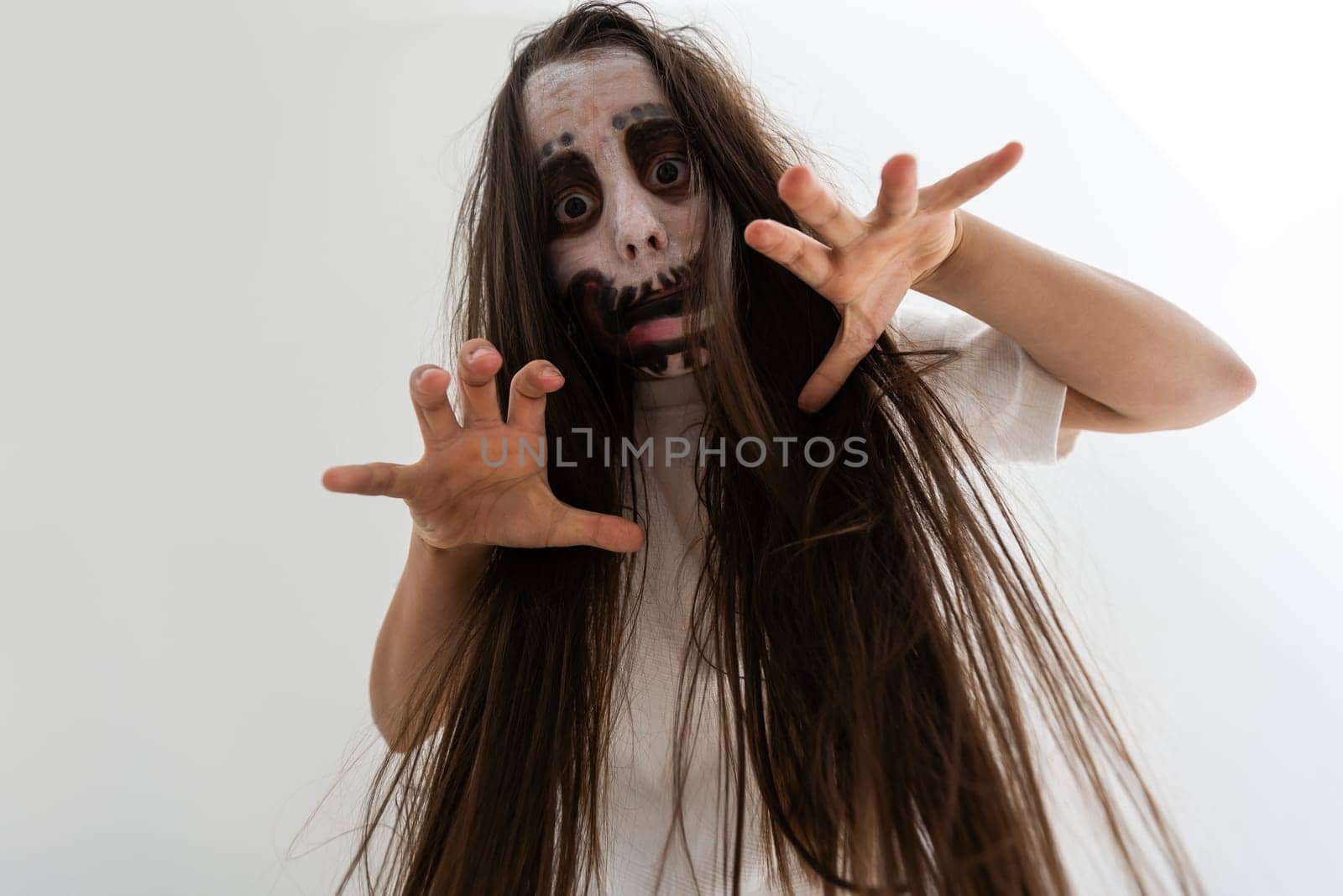 scary girl in white dress from horror film in room by Andelov13