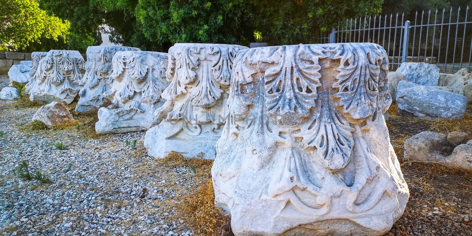 Cyprus,Paphos. Ancient medieval Corinthian column capital. Elements of architectural decorations of buildings, columns. High quality photo