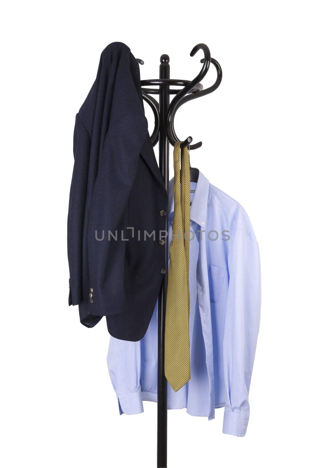 a coat rack with a men's jacket, shirt and tie on a transparent background