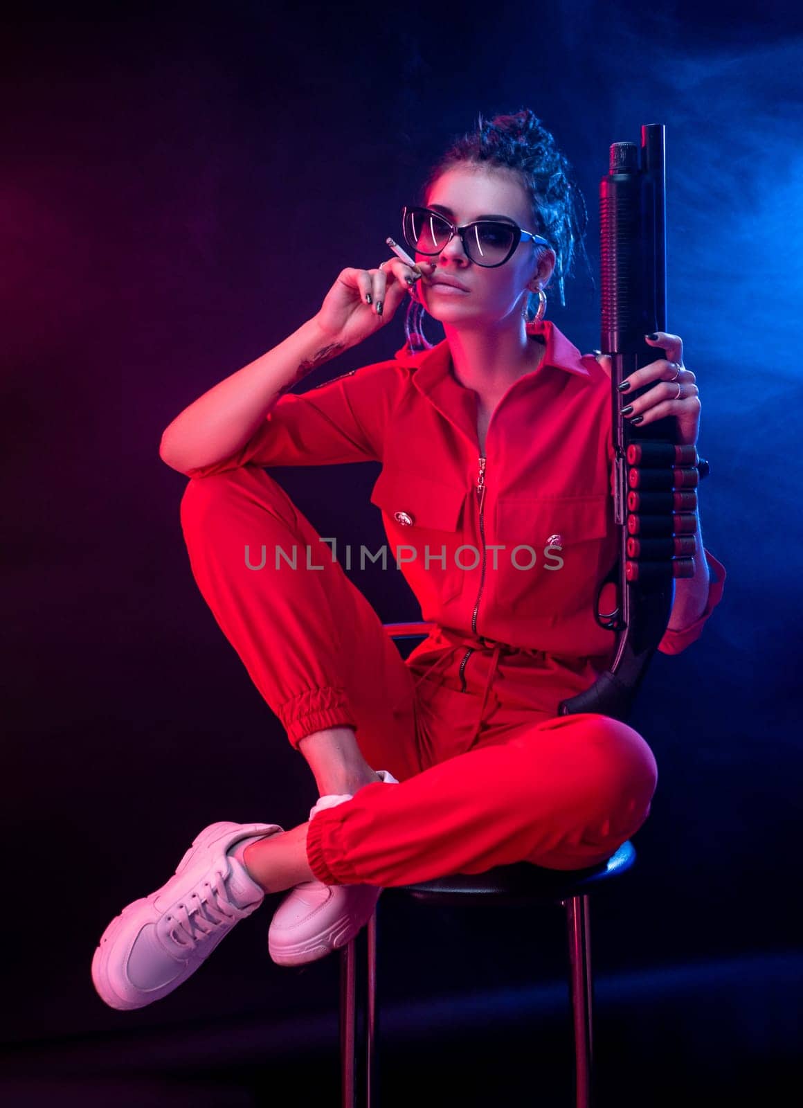 sexy bully girl smokes a cigarette with a shotgun on a dark background in neon light and a haze of copy paste by Rotozey
