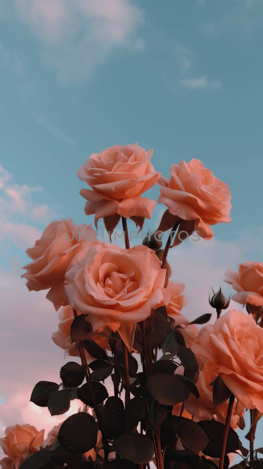 Pink roses against a sky background. Generative AI by nateemee