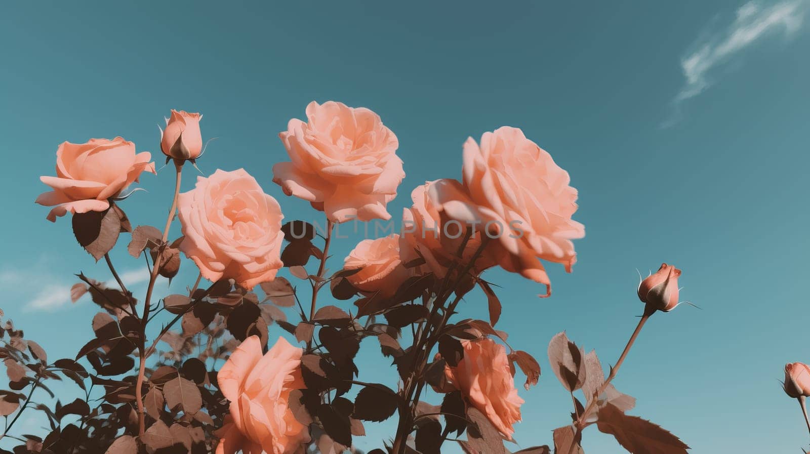 Pink roses against a sky background. Generative AI by nateemee