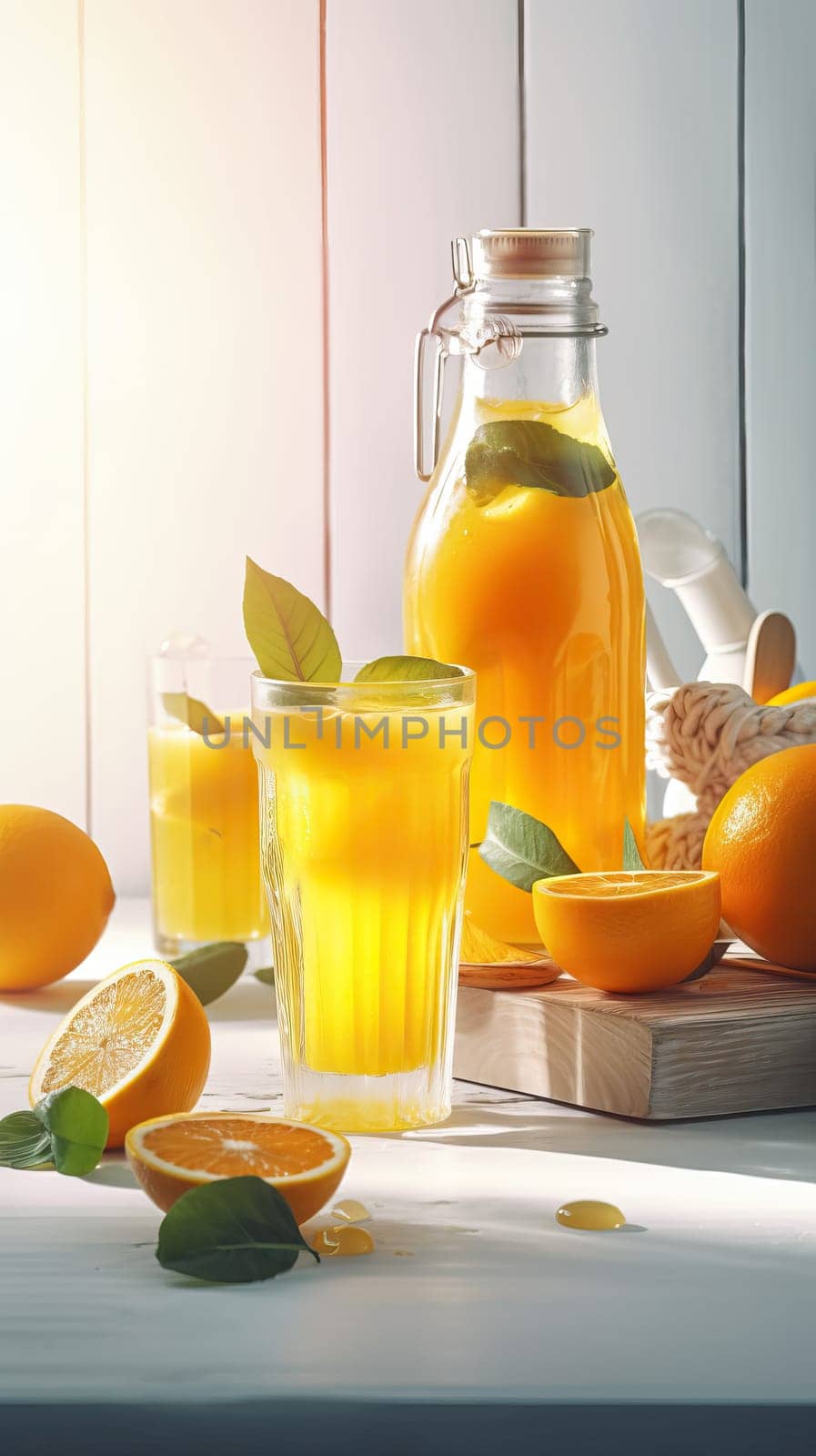 Glass of Homemade Orange juice with sliced fruits. Generative AI.