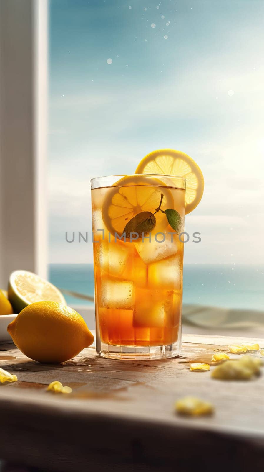 Homemade Iced tea with lemon slices, summer drinks. Generative AI.