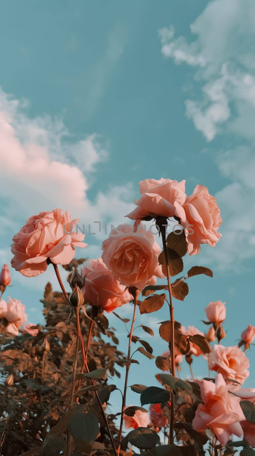 Pink roses against a sky background. Generative AI.