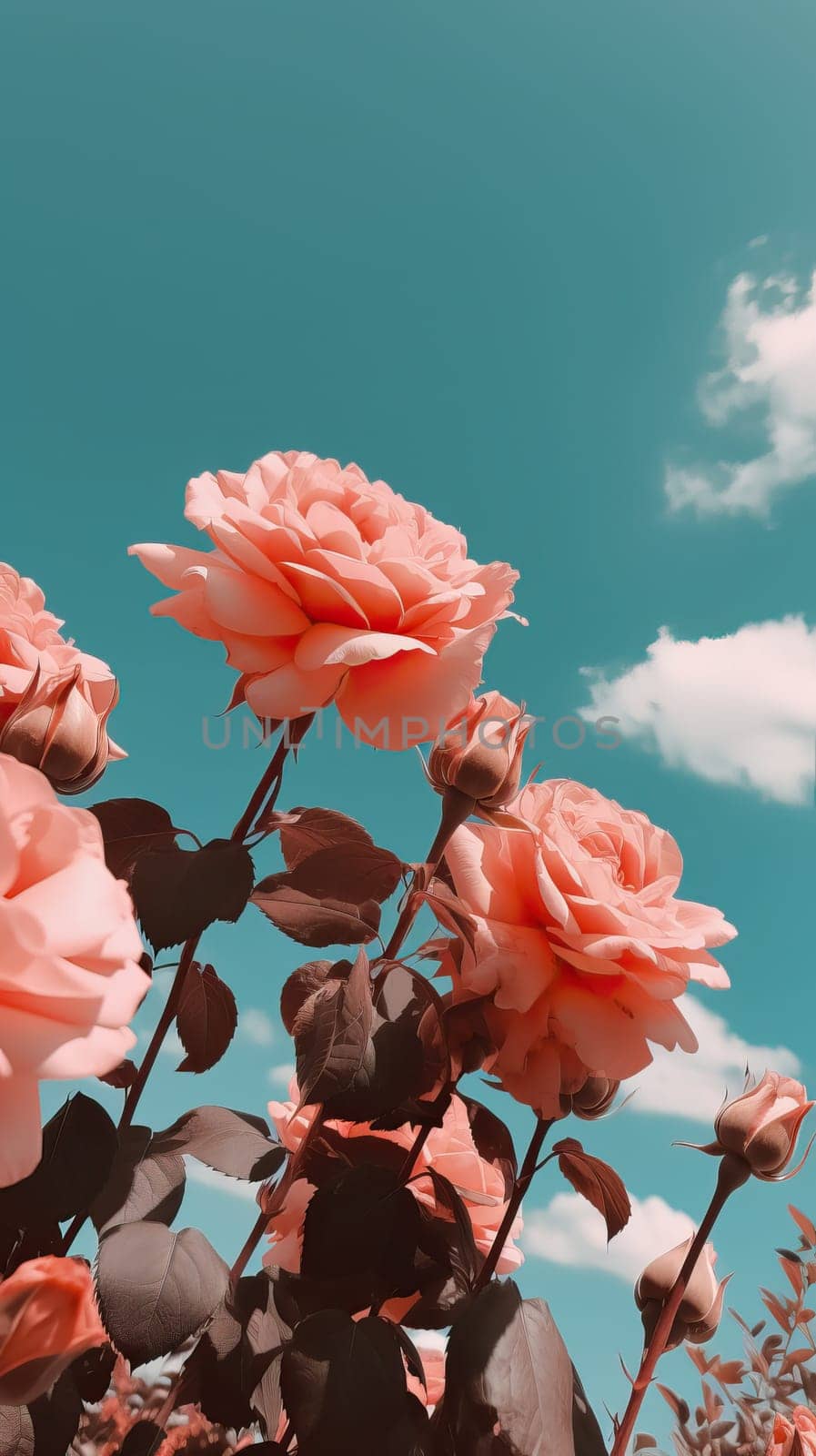 Pink roses against a sky background. Generative AI by nateemee