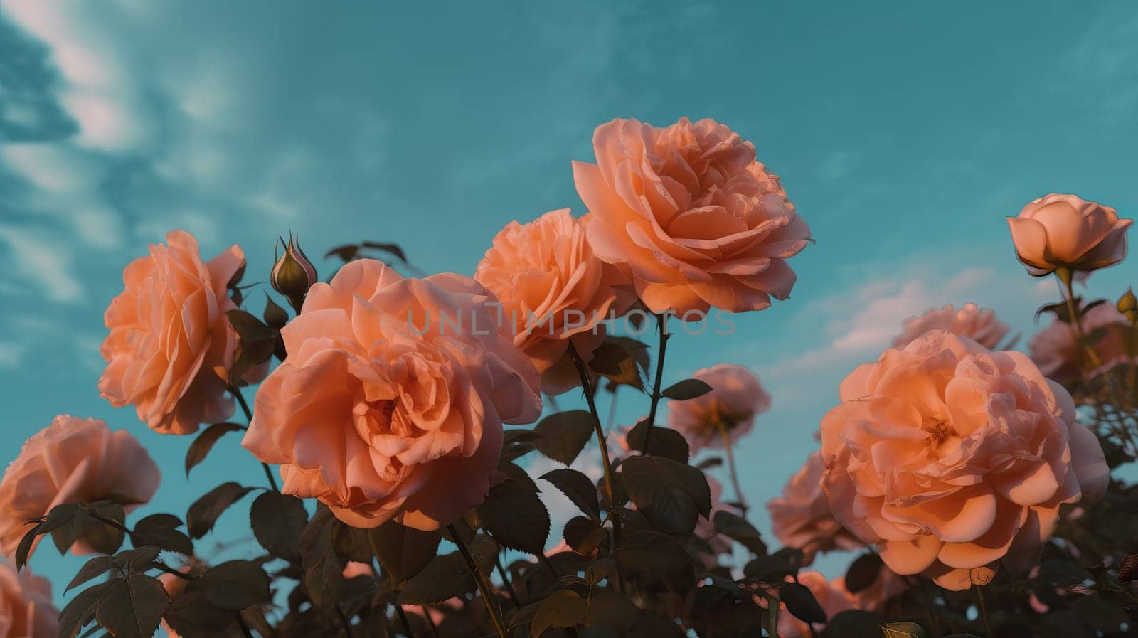 Pink roses against a sky background. Generative AI by nateemee