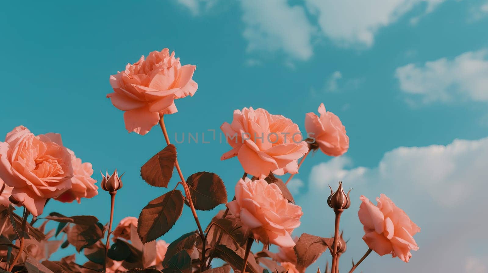 Pink roses against a sky background. Generative AI.