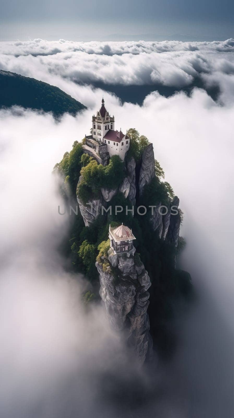 Beautiful Fairytale castle on mountain surrounded by cloud. Generative AI.