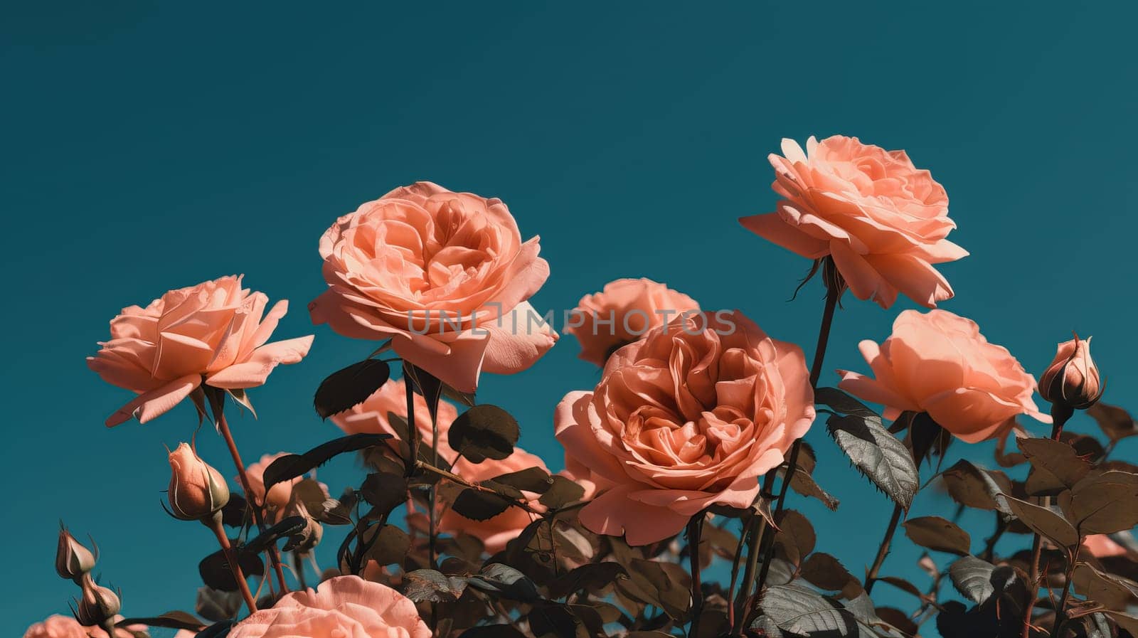 Pink roses against a sky background. Generative AI by nateemee