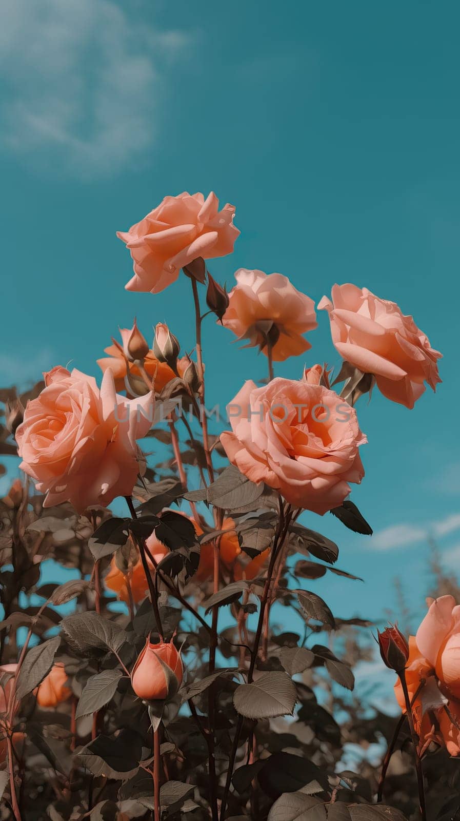 Pink roses against a sky background. Generative AI.