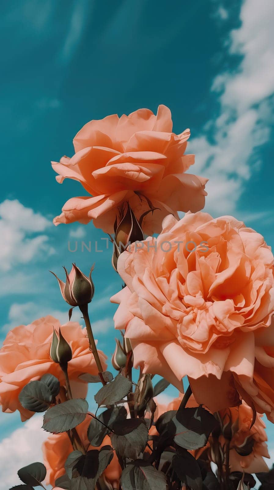 Pink roses against a sky background. Generative AI by nateemee