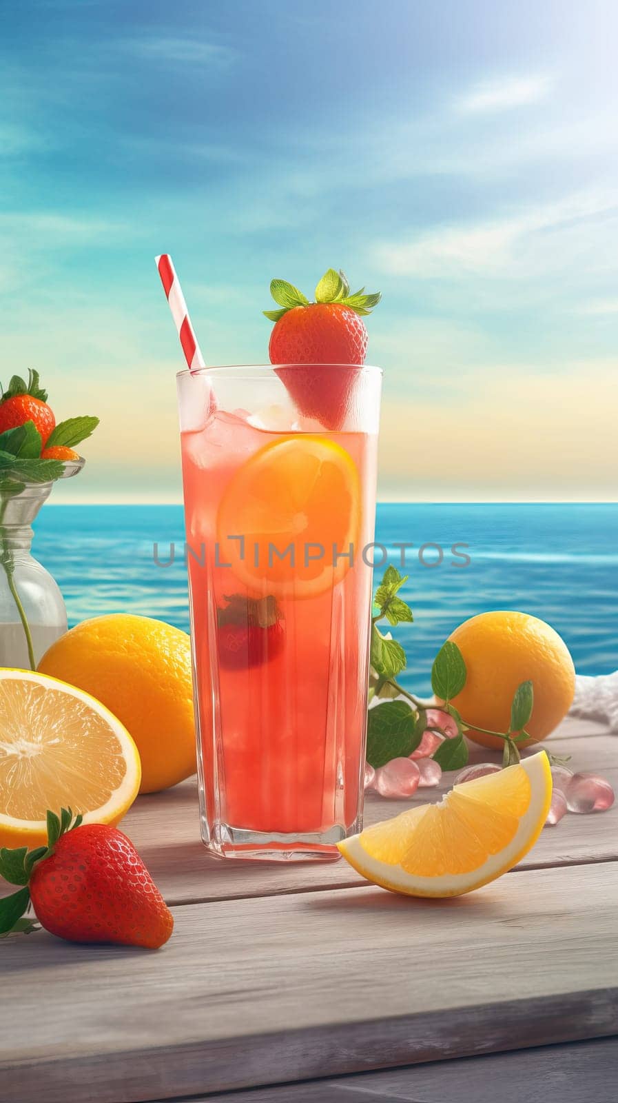 Summer iced cold drink with strawberry and lemon. Generative AI.