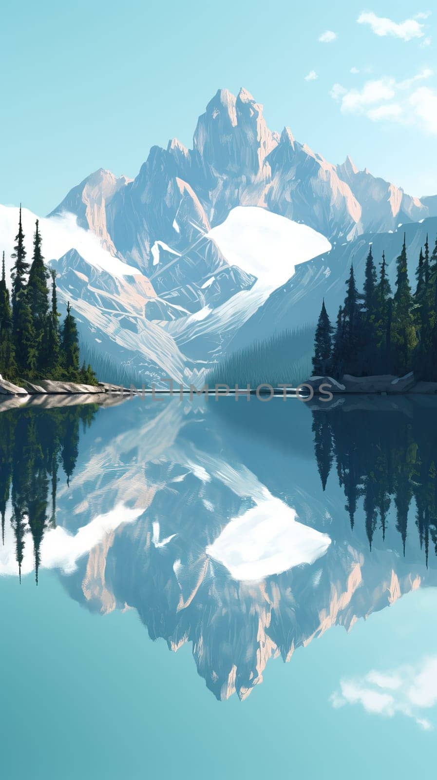 Beautiful mountain reflection on the water. Generative AI.