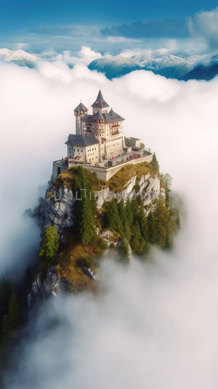 Beautiful Fairytale castle on mountain surrounded by cloud. Generative AI.