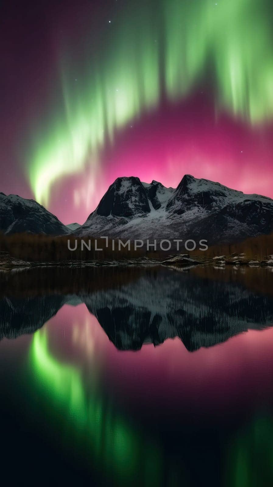 Beautiful Northern Lights above mountain and river. Generative AI.