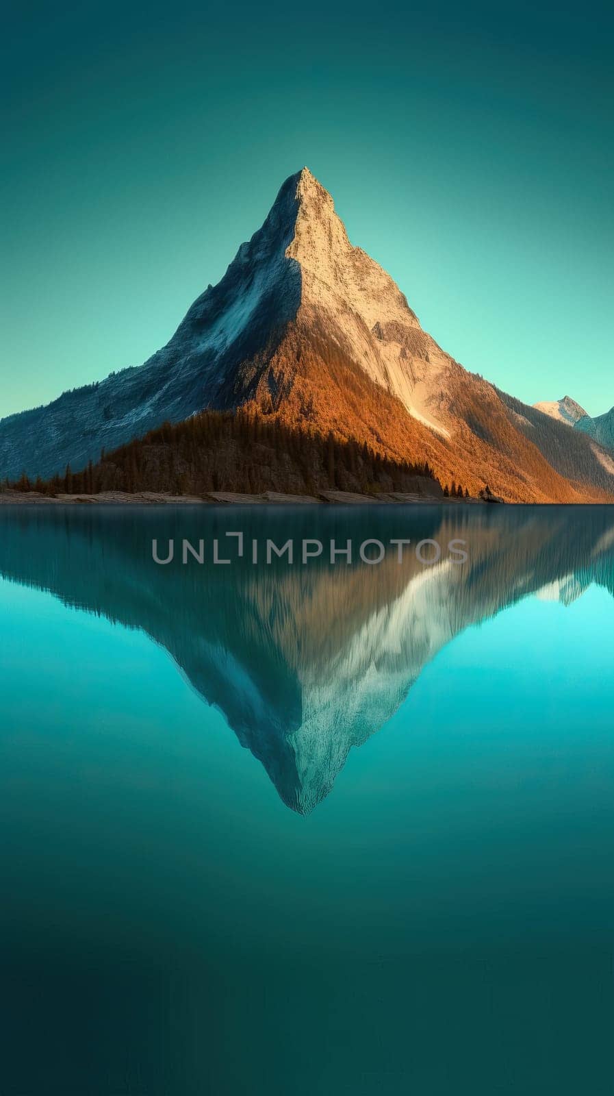 Beautiful mountain reflection on the water. Generative AI.