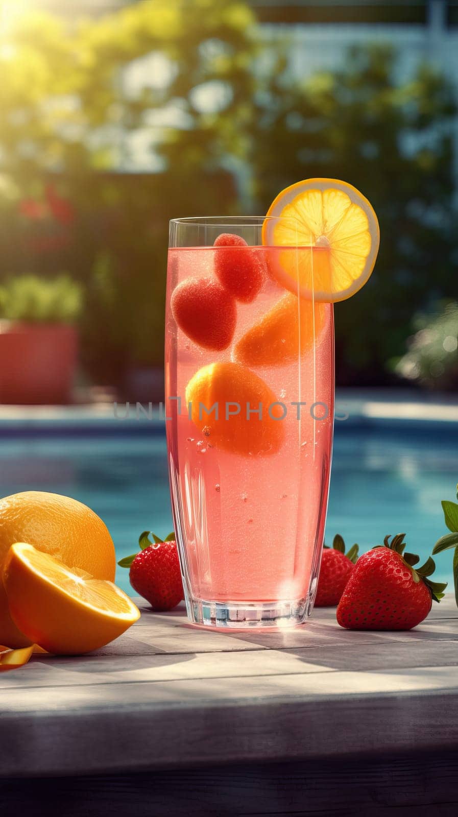 Summer iced cold drink with strawberry and lemon. Generative AI.