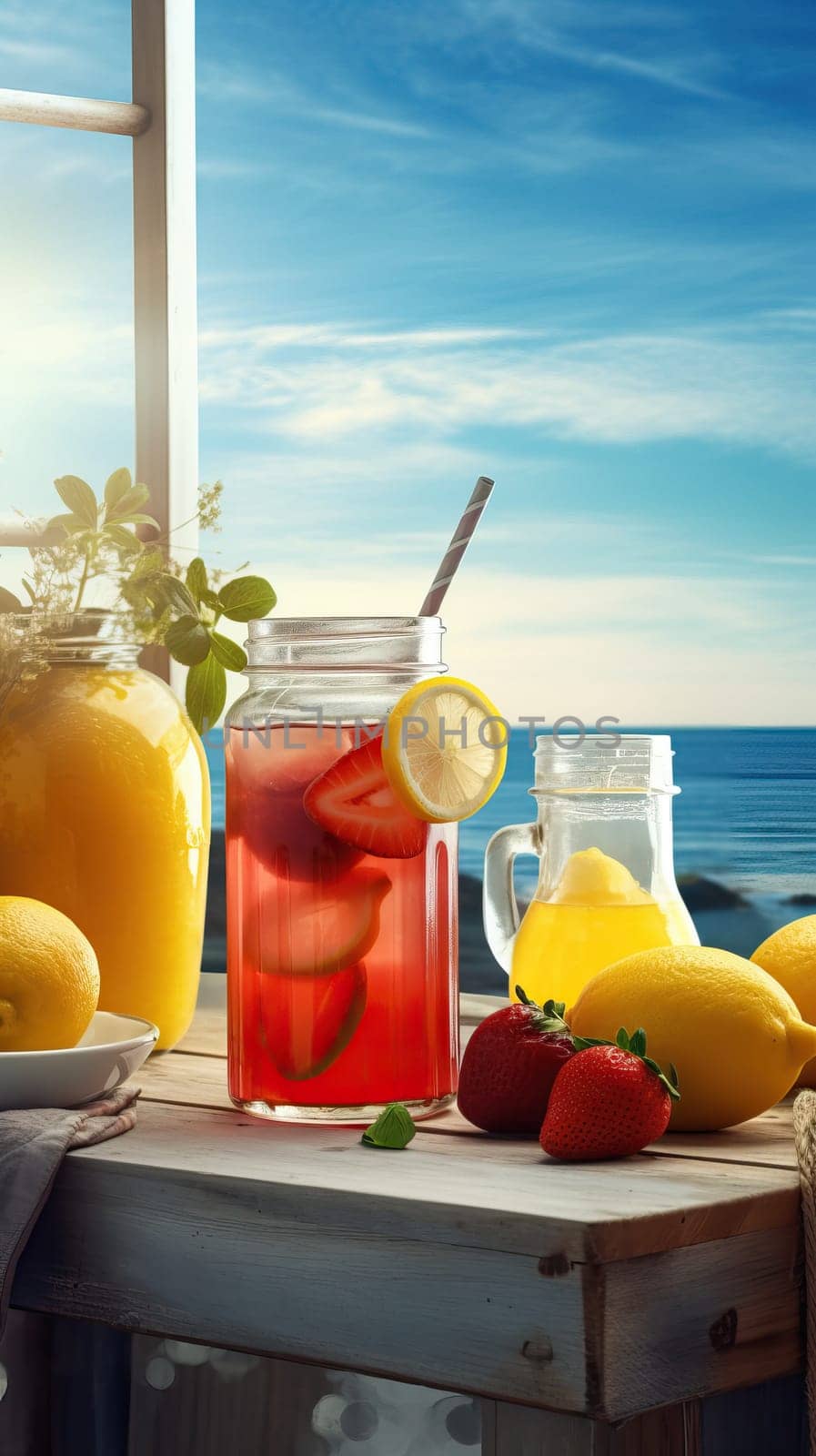 Summer iced cold drink with strawberry and lemon. Generative AI.