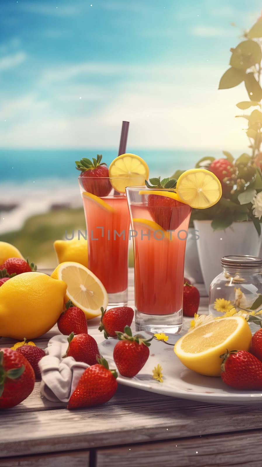 Summer iced cold drink with strawberry and lemon. Generative AI.