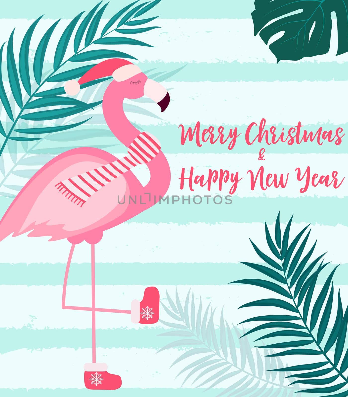 Cute Pink Flamingo New Year and Christmas Background Vector Illustration by yganko