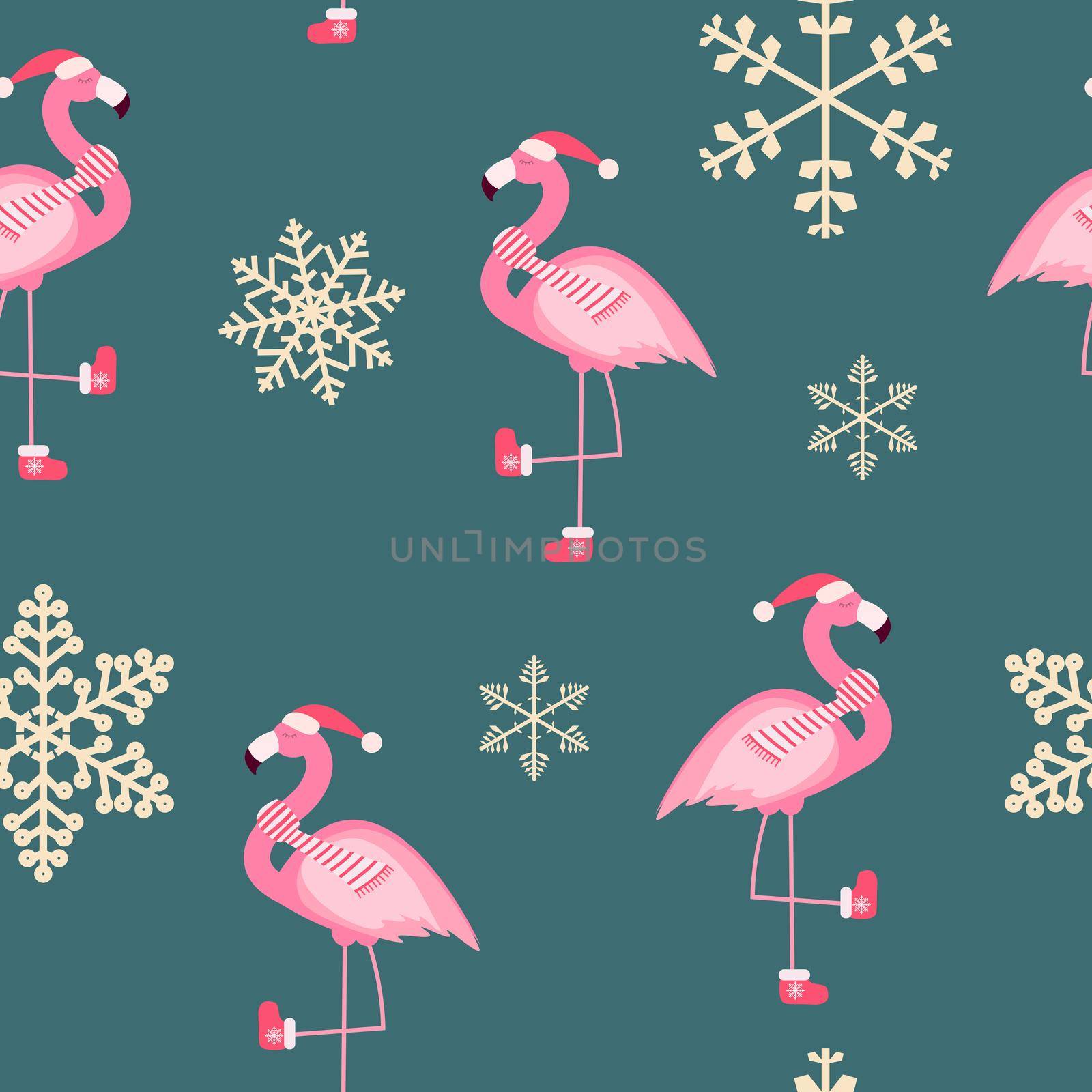 Cute Pink Flamingo New Year and Christmas Seamless Pattern Background Vector Illustration by yganko