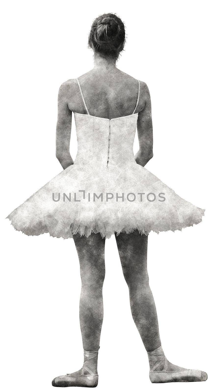 Digital sketch of a Young girl practicing classic dance on white background