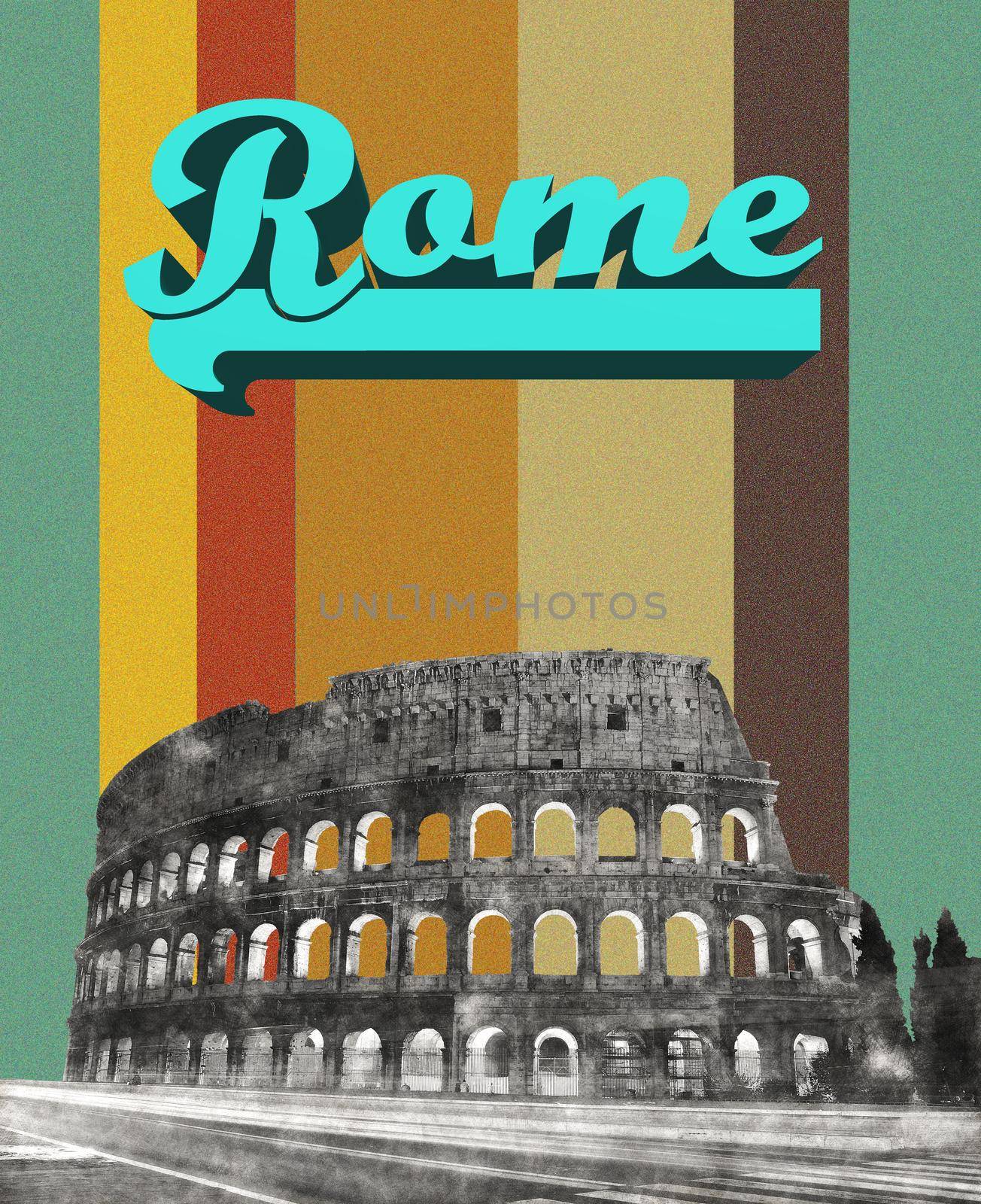 Digital sketch of Rome Colosseum on colorful stripe background