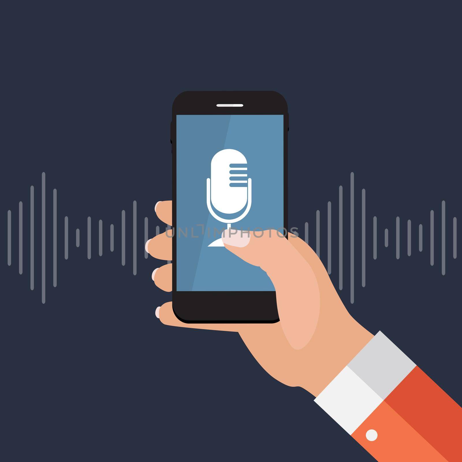 Hand with mobile phone with microphone button and intelligent technologies in flat style. Personal assistant and voice recognition concept. Vector Illustration EPS10