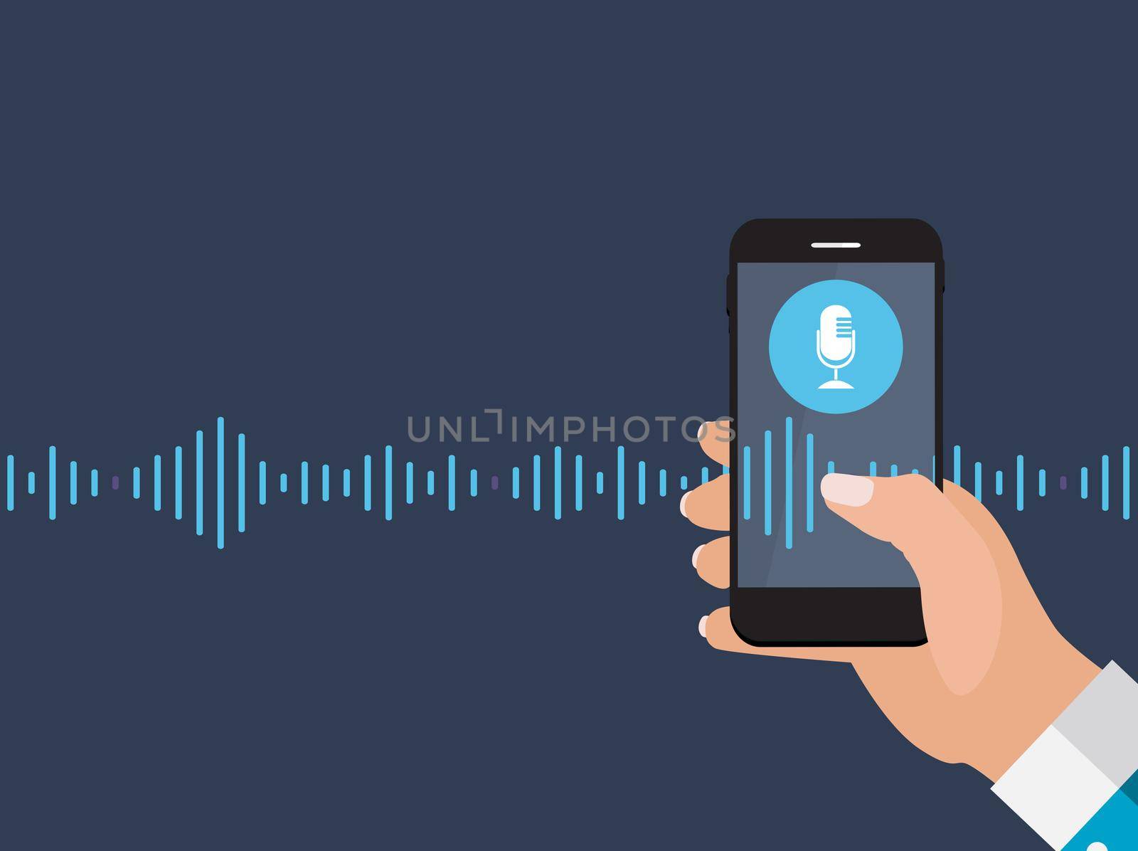 Hand with mobile phone with microphone button and intelligent technologies in flat style. Personal assistant and voice recognition concept. Vector Illustration EPS10
