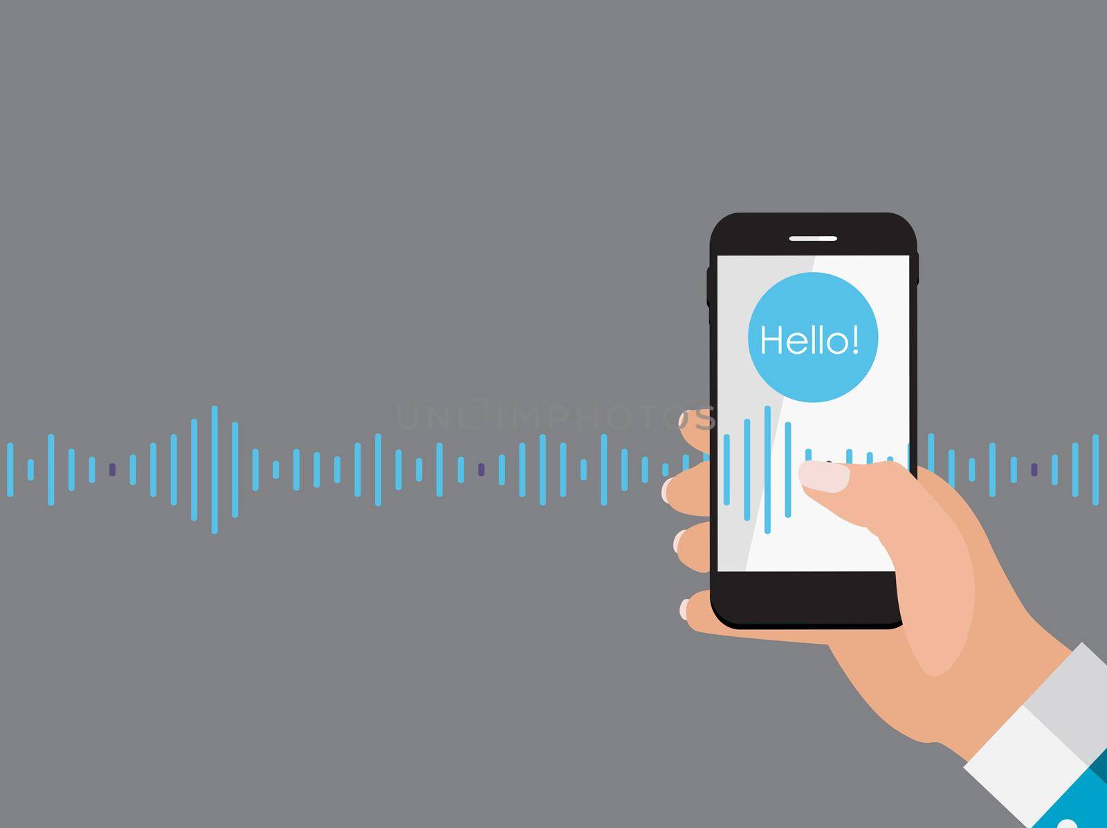 Hand with mobile phone with microphone button and intelligent technologies in flat style. Personal assistant and voice recognition concept. Vector Illustration EPS10