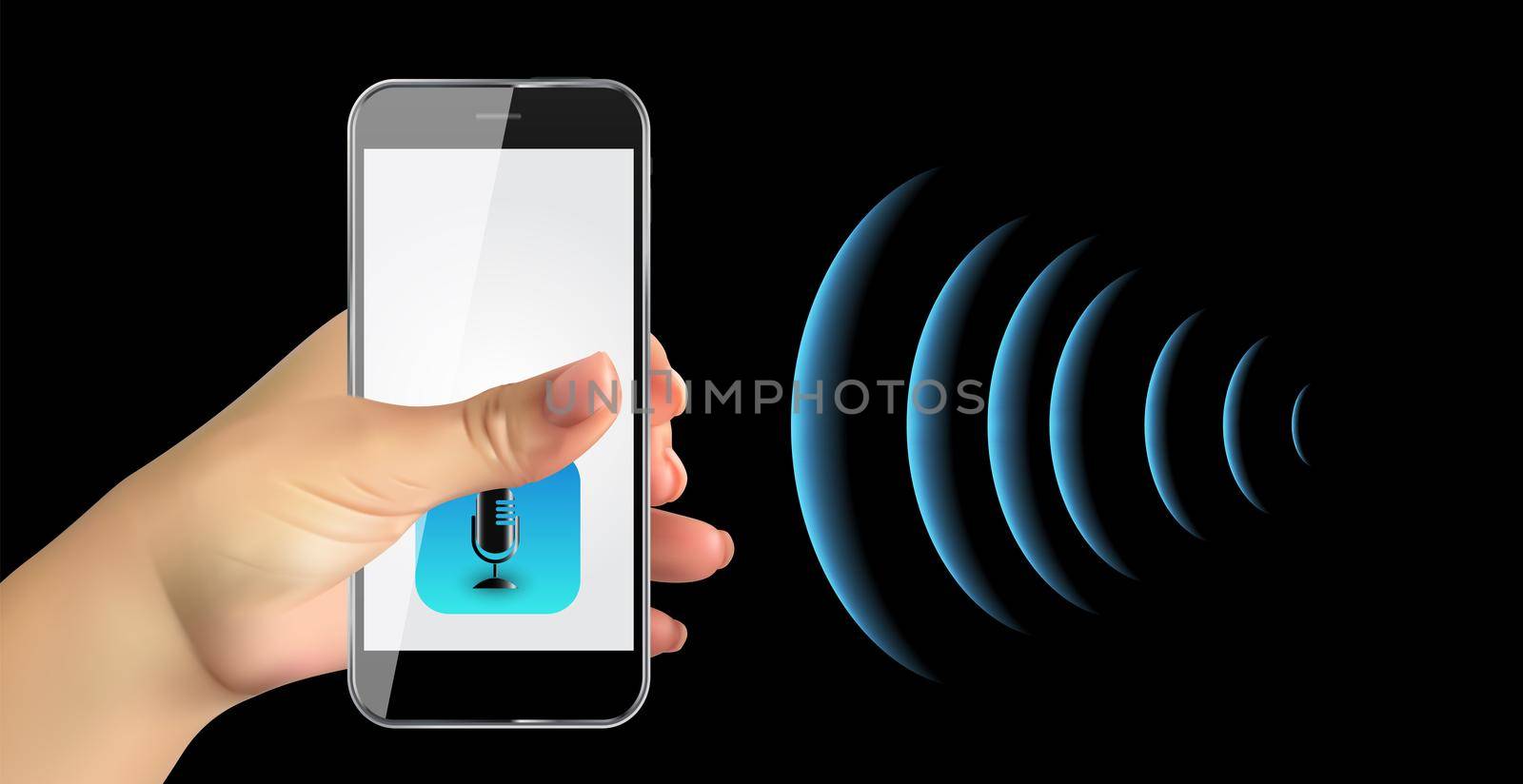 Hand with mobile phone with microphone button and intelligent technologies in flat style. Personal assistant and voice recognition concept. Vector Illustration by yganko