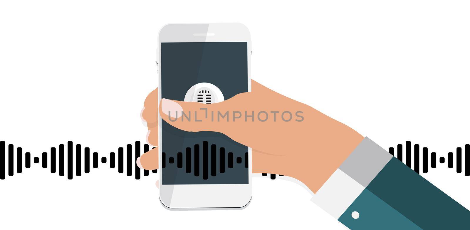 Hand with mobile phone with microphone button and intelligent technologies in flat style. Personal assistant and voice recognition concept. Vector Illustration EPS10