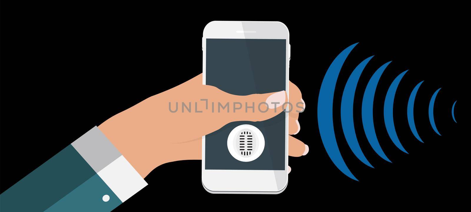 Hand with mobile phone with microphone button and intelligent technologies in flat style. Personal assistant and voice recognition concept. Vector Illustration EPS10